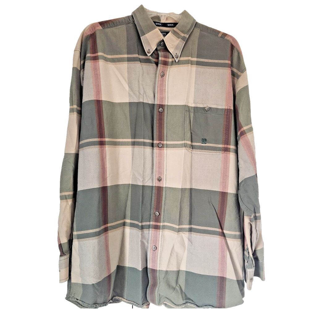 Twenty X  Men's XL Plaid Long Sleeve Button-Down Shirt Sage Green &‎ Cream Color